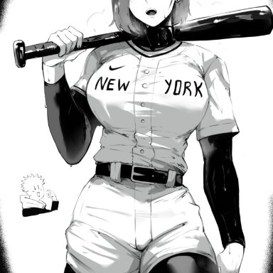 jujutsu kaisen, itadori yuuji, kugisaki nobara, masoq095, 1girls, baseball cap, baseball uniform, big breast, clothed, clothed female, clothed male, female, female focus, fit female, male