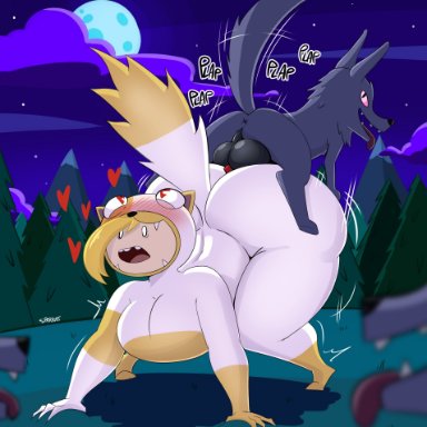 adventure time, cartoon network, cake the cat, fionna the human girl, spakka5, 2d artwork, 2girls, all fours, ass, big ass, black body, blonde hair, blush, breasts, canine