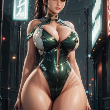 stellar blade, eve (stellar blade), minomixai, 1girls, ai, bangs, black hair, bodysuit, brown eyes, choker, city, cleavage, curvy, curvy figure, large breasts