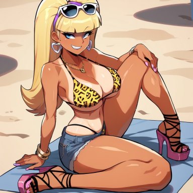 disney, disney channel, gravity falls, pacifica northwest, 1girls, aged up, alternate hairstyle, beach, beach towel, big breasts, bikini top, bimbo, blonde hair, blue eyes, earrings