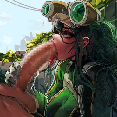 my hero academia, deku, izuku midoriya, tsuyu asui, alamanderarts, 1boy, 1girls, balls, blowjob, city background, cloud, frog girl, goggles, goggles on head, green clothing