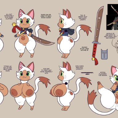 capcom, monster hunter, felyne, jennifur (cobatsart), palico, cobatsart, areolae, ass, big breasts, brown background, feline, green eyes, huge breasts, legs apart, looking at viewer