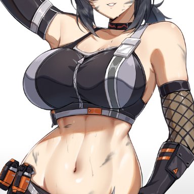 zenless zone zero, grace howard, micchan (micchanmeido), 1girls, black hair, breasts, female, goggles, large breasts, light skin, light-skinned female, midriff, sweat, sweaty body, thick thighs