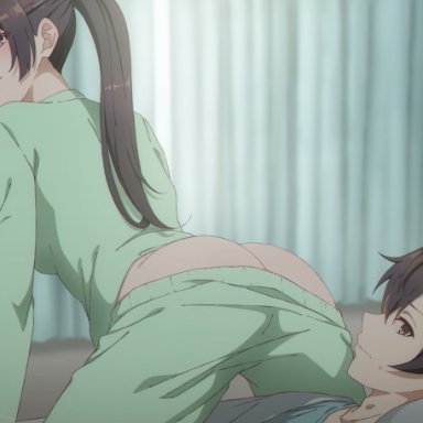 masachika kuze, suou yuki, keihh, ass, ass focus, big ass, brown hair, cowgirl position, pajamas, ponytail, purple eyes, sister and brother