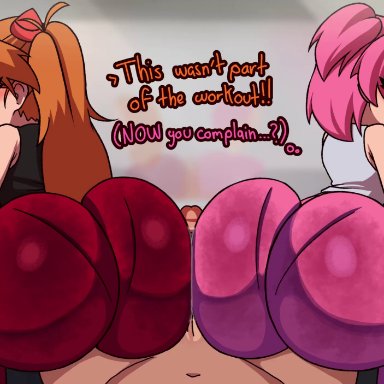 doki doki literature club, neon genesis evangelion, asuka langley sohryu, greatestgori, 1boy, 2girls, assjob, big ass, blue eyes, bouncing ass, bubble butt, buttjob, buttjob over clothes, cooperative buttjob, covered buttjob