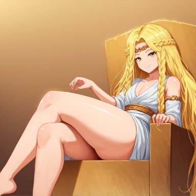 elden ring, miquella, zorg98, 1boy, big ass, big ass (male), blonde hair, braid, crossed legs, cute face, femboy, girly, gold jewelry, long hair, long hair male