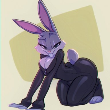 looney tunes, warner brothers, bugs bunny, bigdad, all fours, anthro, ass, breasts, bulge, butt, chest fur, chest tuft, female, femboy, hair