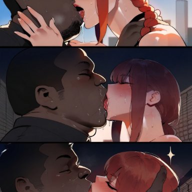 chainsaw man, makima (chainsaw man), sinderellaart, 1boy, 1girls, ass, big ass, big breasts, big butt, breasts, cheating, closed eyes, dark-skinned male, french kiss, french kissing