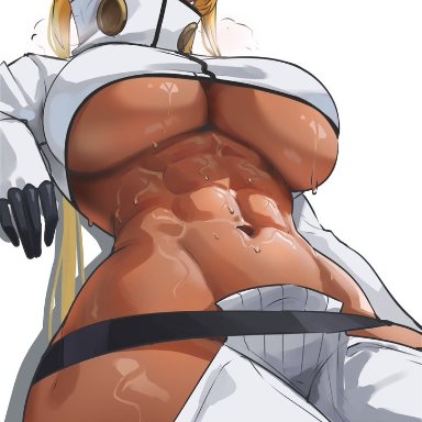 bleach, tia harribel, cromwellb, abs, blonde hair, dark skin, dark skinned female, large breasts, sweat