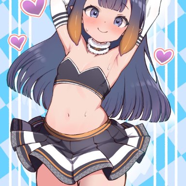 hololive, hololive english, ninomae ina'nis, kani bonara, alternate costume, ani bonara, arm behind head, arm warmers, armpits, arms up, black choker, black skirt, blue eyes, blunt bangs, blush