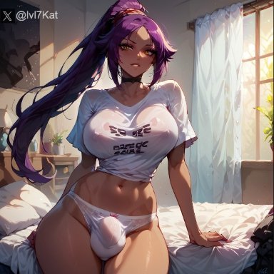 bleach, shihouin yoruichi, lvl7kat, 1futa, areolae, big breasts, big penis, big thighs, breasts, bulge, choker, futanari, purple hair, wet, white panties