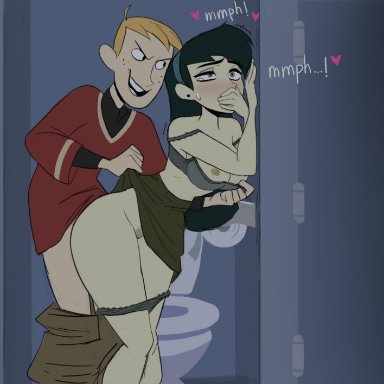 kim possible, ron stoppable, shego, amugea, 1boy, 1girls, against wall, bathroom, black hair, blonde hair, blue hairband, blush, bra, breasts, breasts out