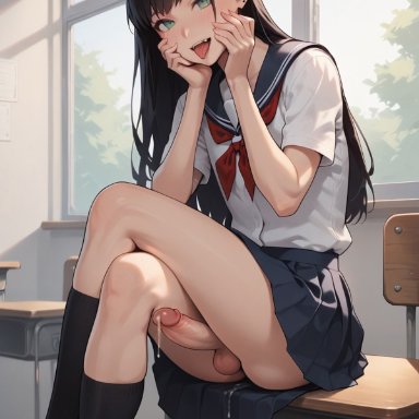 dark cultist, 1boy, ahe gao, balls, better than girls, classroom, crossdressing, crossed legs, cum, cum drip, cum dripping from penis, desk, erect penis, erection, femboy