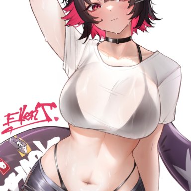 zenless zone zero, ellen joe, atsukii, bikini, bikini under clothes, bikini under shorts, black bikini, black choker, black hair, black shorts, blush, breasts, choker, colored inner hair, female