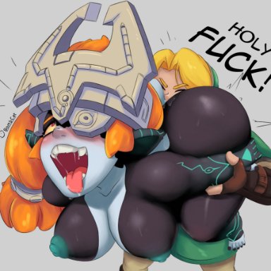 nintendo, the legend of zelda, imp midna, link, midna, twili, bombcat, 1boy, 1girls, ass, big ass, big thighs, blue body, blue skin, blue-skinned female