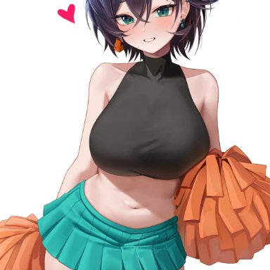 hoyoverse, zenless zone zero, belle (zenless zone zero), mau, big breasts, blue hair, blush, blushing at viewer, cheerleader, cheerleader outfit, crop top, earrings, female, female focus, green eyes