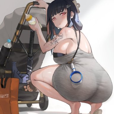 goddess of victory: nikke, d (killer wife) (nikke), d (nikke), lukapia, ass, baby bottle, back, bare shoulders, bent over, black bra, black hair, bladeless fan, bottle, bra, bra peek