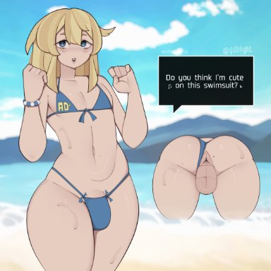 guilty gear, guilty gear strive, bridget, gdblight, 1girls, anus, anus peek, ass, balls, beach, belly, belly button, bikini, blonde hair, blue eyes