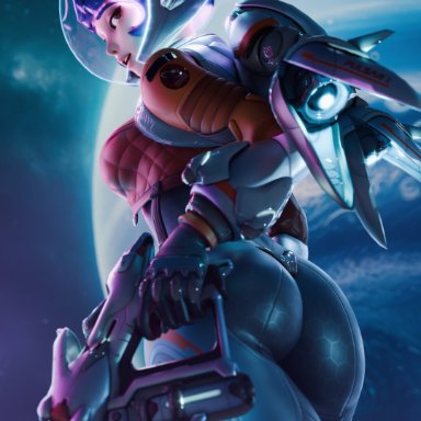 overwatch, overwatch 2, juno (overwatch), teo minh, bloo3d, 1girls, astronaut helmet, bangs, big ass, blue hair, boobs and butt pose, brown eyes, crop top jacket, female, female only