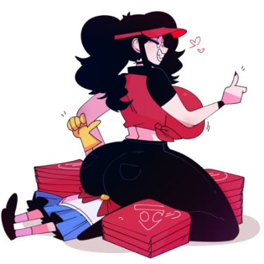 pizza thot, oc, original character, tips (gats), gats, ass, big ass, big butt, black pants, face in ass, facesitting, pizza, red shirt, sitting on person