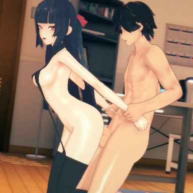 genshin impact, yun jin (genshin impact), kksallyear, nyanify, 1boy, 1girls, arched back, black sweater, breasts, doggy style, from behind, holding hands, holding hands while penetrated, large breasts, light-skinned female