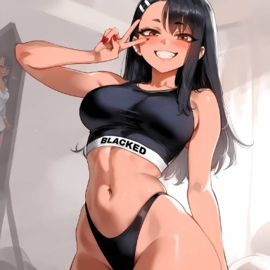 blacked, hayase nagatoro, 1girls, blacked clothing, dark-skinned female, looking at viewer, peace sign, red nails, ai generated