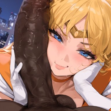 bishoujo senshi sailor moon, sailor venus, mikayori, 1boy, 1girls, black male, black penis, blonde hair, blue eyes, blush, cock worship, dark penis, dark-skinned male, imminent sex, interracial