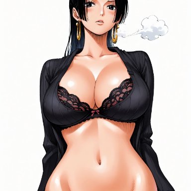 one piece, boa hancock, yashin, alluring, belly button, big breasts, black eyes, black hair, blush, breasts, earring, earrings, female, female only, jeans