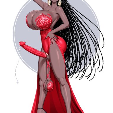 ava (fellatrix), fellatrix, 1futa, ava, big lips, black female, busty, condom, dark-skinned female, dreadlocks, dress, earrings, erection, futanari, huge breasts