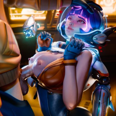 overwatch, overwatch 2, juno (overwatch), null renders, 1boy, 1girls, breasts, glowing, hand on head, heart, heart-shaped pupils, helmet, nipples, penis, purple hair