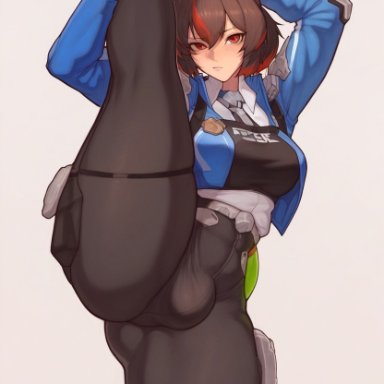 zenless zone zero, zhu yuan, altra x, 1futa, 1girls, big ass, black gloves, black hair, bulge, futanari, legs up, multicolored hair, pants, police uniform, ponytail