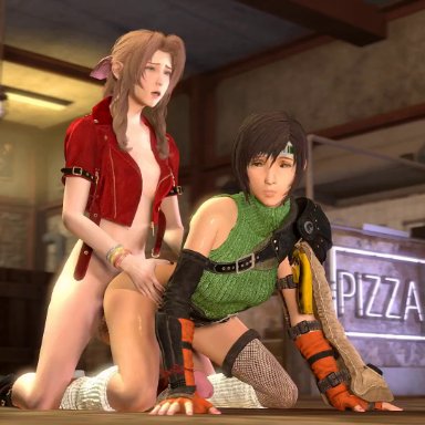 final fantasy, final fantasy vii, final fantasy vii remake, square enix, aerith gainsborough, yuffie kisaragi, sfmslayer, 2futa, all fours, anal, ass, bent over, big penis, breasts, brown eyes