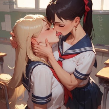 pasart, 2girls, assertive female, classroom, french kiss, kissing, lesbian kiss, saliva, schoolgirl, teenage girl, yuri, ai generated