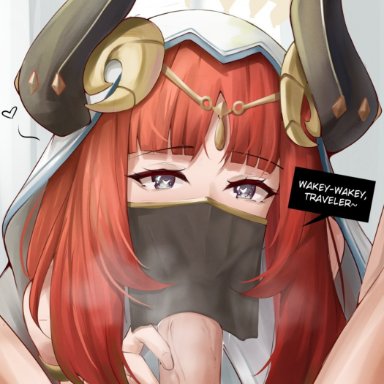 genshin impact, aether (genshin impact), nilou (genshin impact), eroborne, :&gt;=, 1boy, circlet, covered fellatio, english commentary, fake horns, fellatio, female, heart, heart-shaped pupils, horns