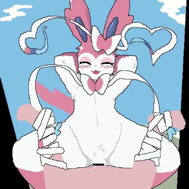 nintendo, pokemon, eeveelution, pok&#233;mon (species), pokemon (species), sylveon, sky necko, accessory, anthro, blue eyes, blush, dominant, dominant female, duo, female