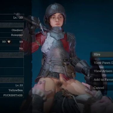 dragon's dogma, arisen (dragon's dogma), pawn (dragon's dogma), yellowbea, 1boy, 1girls, armor, cowgirl position, female, knight, shield, vaginal penetration, weapon, 3d, animated