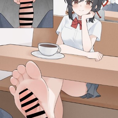 kimi no na wa., miyamizu mitsuha, wl217 (nicexa111), barefoot, black hair, blush, brown eyes, cup, erection, feet, female, footjob, footjob under table, looking at viewer, multiple views