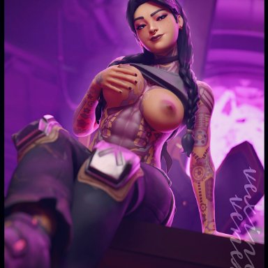 epic games, fortnite, fortnite: battle royale, jules (fortnite), vexingvenery, 1girls, abs, areolae, big breasts, black hair, blender, bottomwear, braided hair, braided twintails, breast grab