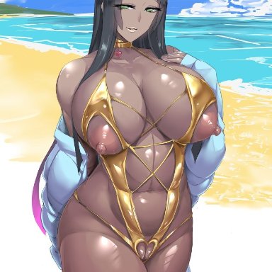 fate (series), fate/grand order, scheherazade (fate), ky., 1girls, beach, black hair, breasts, dark skin, dark-skinned female, female, green eyes, hips, huge breasts, long hair