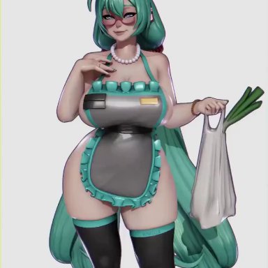 vocaloid, hatsune miku, rushzilla, 1girls, 3d animation, aged up, ahoge, alternate ass size, alternate breast size, alternate costume, alternate hairstyle, apron, ass, bag, bangs