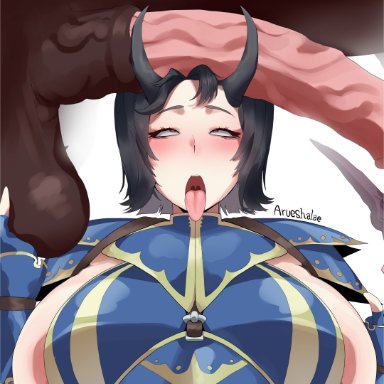 pathfinder, arueshalae, ushyu, areola slip, armor, balls, big breasts, blush, cock worship, dark hair, demon girl, demon wings, equine, fondling balls, horns