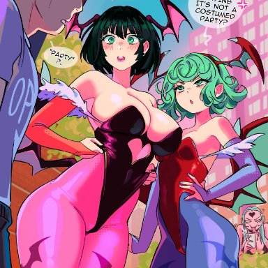 capcom, darkstalkers, one-punch man, fubuki (one-punch man), lilith aensland (cosplay), morrigan aensland (cosplay), saitama, tatsumaki, snegovski, 1boy, 2girls, bat print, big breasts, blue pantyhose, blush