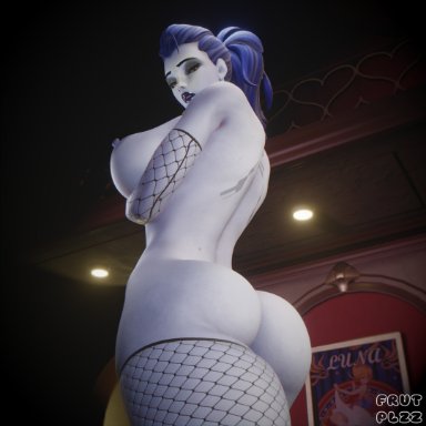 overwatch, nyl widowmaker, widowmaker, frutplzz, nyl2, 1girls, areolae, armwear, ass, back, back view, big ass, big breasts, blue body, blue hair