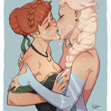 disney, frozen (film), anna (frozen), elsa (frozen), disclaimer, 2girls, blonde hair, braided hair, breast grab, brown hair, closed eyes, french kiss, french kissing, incest, kissing