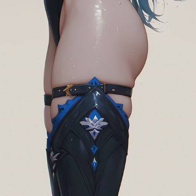 genshin impact, eula (genshin impact), unforgiving, ass, ass focus, blue panties, boots, hips, legs, panties, spread legs, sweat, ai generated