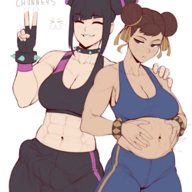 street fighter, chun-li, juri han, speedl00ver, 1futa, 1girls, abs, asian female, balls, belly, big breasts, breasts, bulge, bulge through clothing, choker