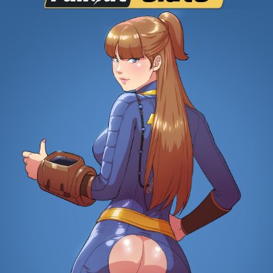 fallout, july (tekuho), vault dweller, vault girl, vault meat, tekuho, 1girls, anal access, back, back view, backboob, bangs, blue eyes, bodysuit, brown hair