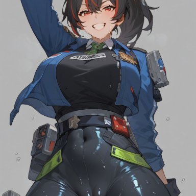 zenless zone zero, zhu yuan, enjisd, big ass, big thighs, black hair, cameltoe, from below, front view, latex pants, multicolored hair, ponytail, red eyes, red hair, shiny body