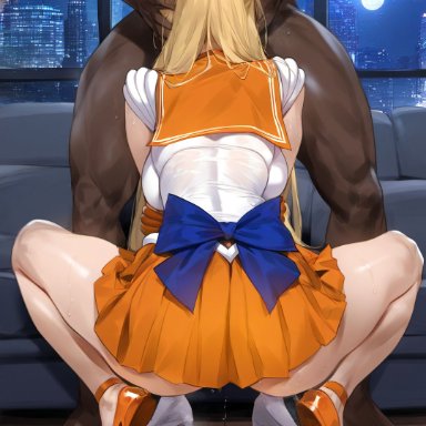 bishoujo senshi sailor moon, sailor venus, mikayori, 1boy, 1girls, black male, black penis, blonde hair, blowjob, blush, bow, clothing, dark penis, dark-skinned male, fellatio