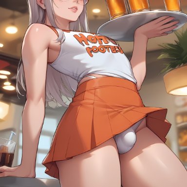 femboy hooters, hooters, killjoyproject, platte, 1femboy, bulge, femboy, glasses, grey hair, hooters uniform, orange skirt, panties, ai generated